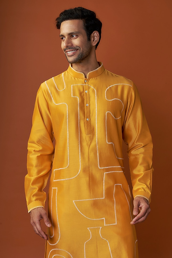 Mustard Chanderi Embroidered Kurta Set by Countrymade at Pernia's Pop Up Shop