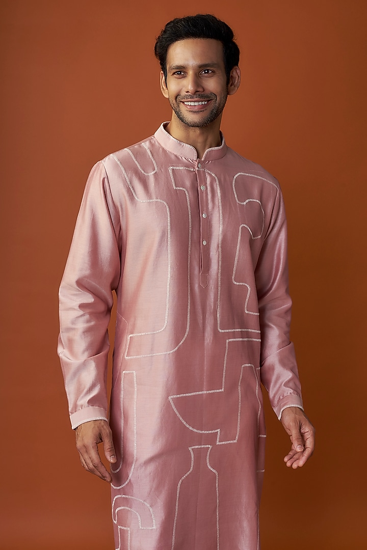 Onion Pink Chanderi Embroidered Kurta Set by Countrymade at Pernia's Pop Up Shop