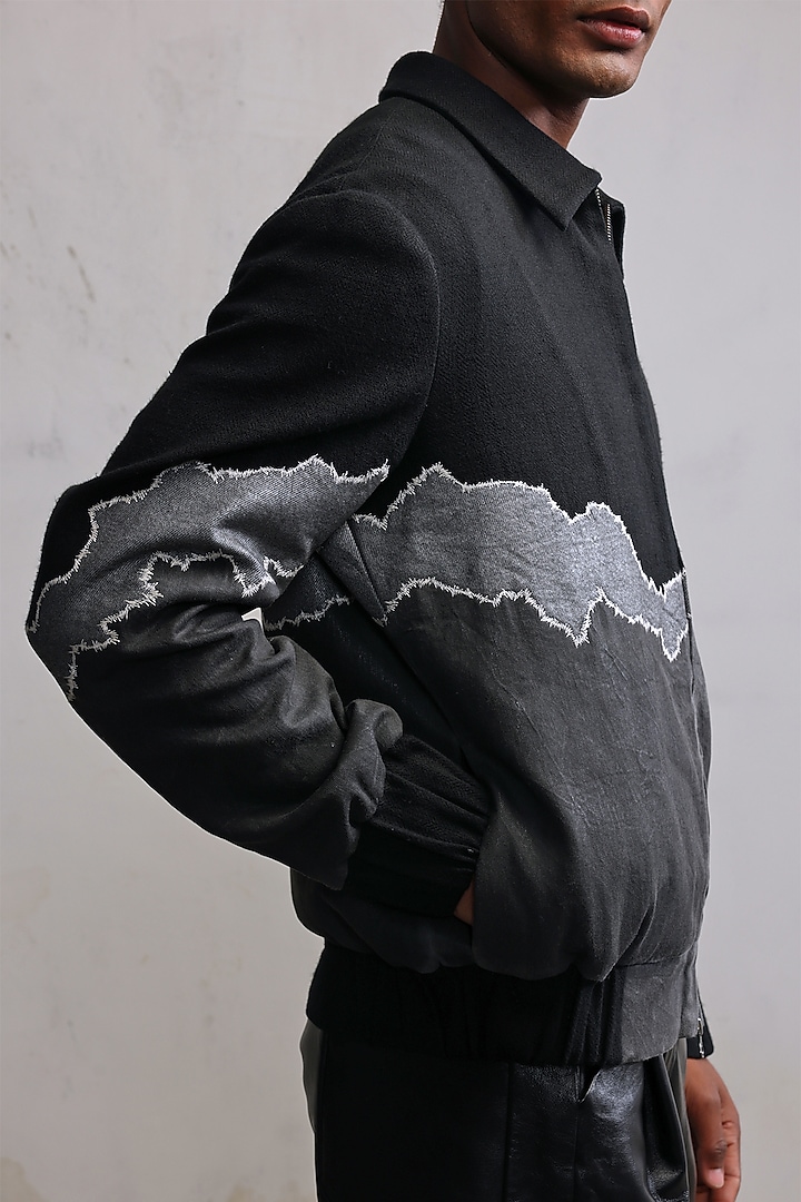 Black Cotton Herringbone & Cotton Denim Patch Work Jacket by Countrymade at Pernia's Pop Up Shop