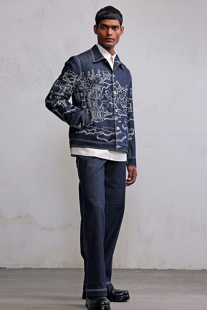 Navy Blue Denim Embroidered Jacket by Countrymade