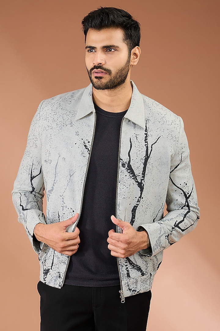 Grey Cotton Printed Jacket by Countrymade at Pernia's Pop Up Shop