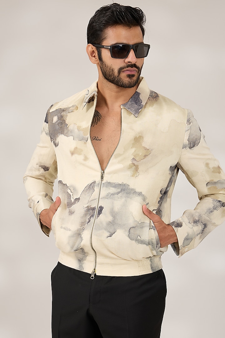 Ivory Cotton Chromite Printed Jacket by Countrymade at Pernia's Pop Up Shop