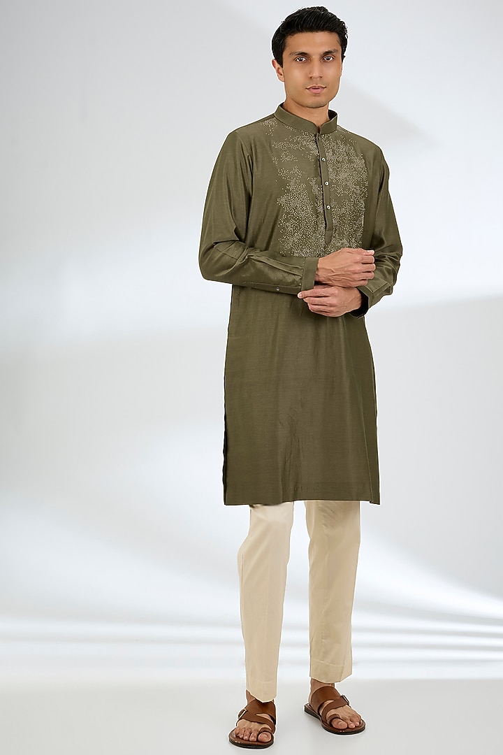 Olive Chanderi Kurta Set by Countrymade