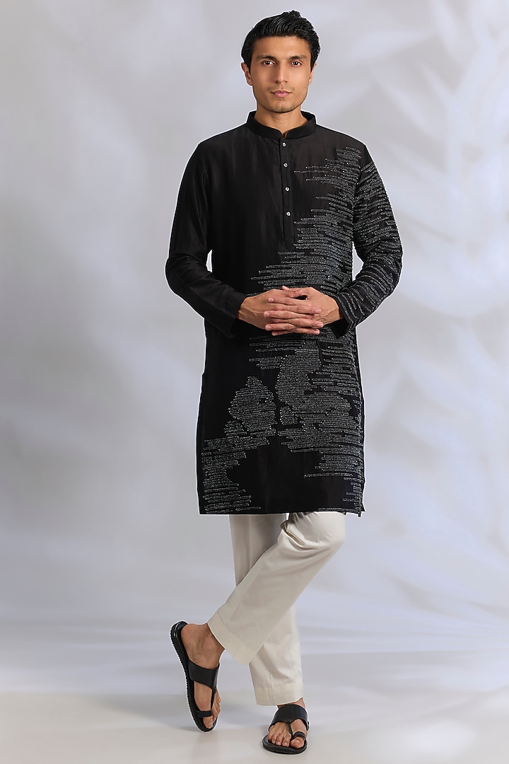 Black & Grey Chanderi Kurta Set by Countrymade at Pernia's Pop Up Shop