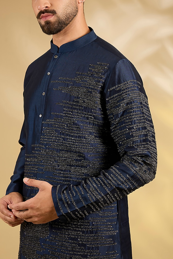 Navy & Grey Chanderi Kurta Set by Countrymade at Pernia's Pop Up Shop