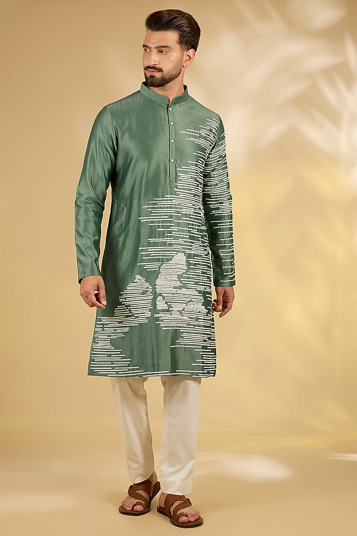 Sage Green & White Chanderi Kurta Set by Countrymade at Pernia's Pop Up Shop