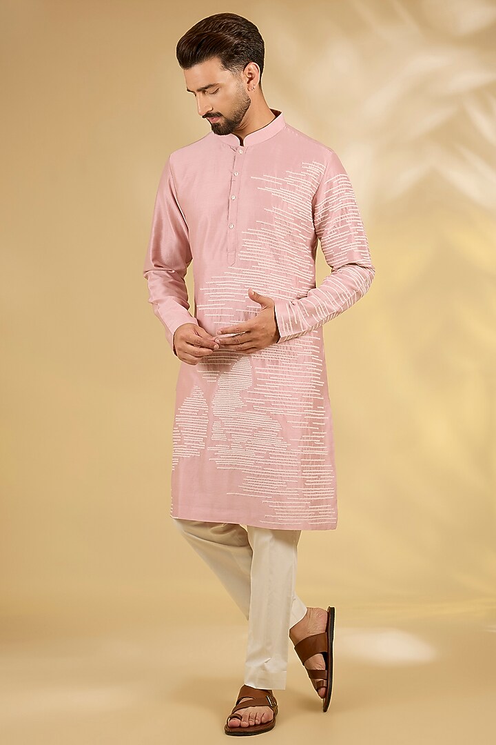 Old Rose & White Chanderi Kurta Set by Countrymade at Pernia's Pop Up Shop