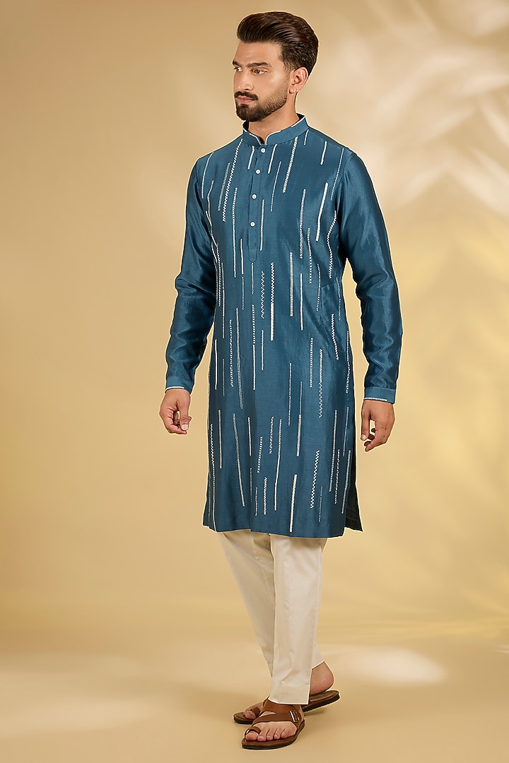 Steel Blue Cotton Chanderi Kurta Set by Countrymade at Pernia's Pop Up Shop