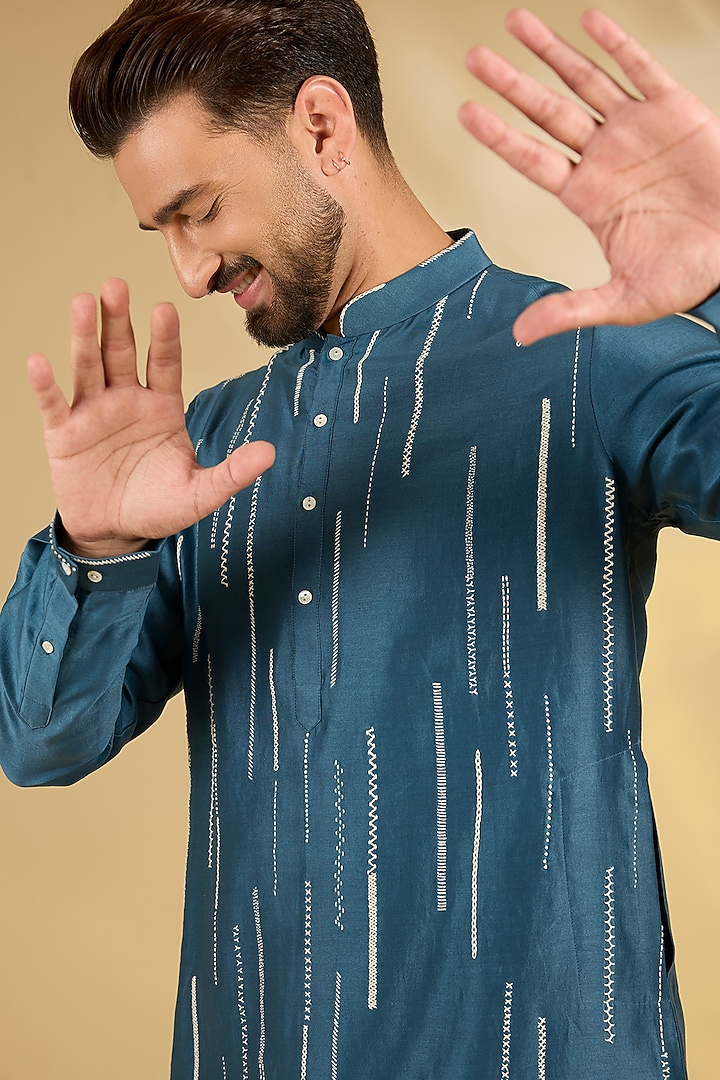 Steel Blue Cotton Chanderi Kurta Set by Countrymade at Pernia's Pop Up Shop