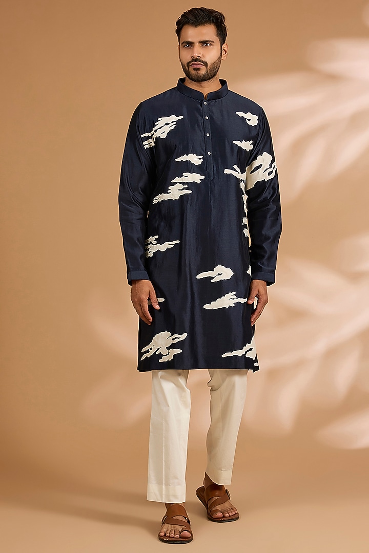 Navy Blue Chanderi Kurta Set by Countrymade at Pernia's Pop Up Shop