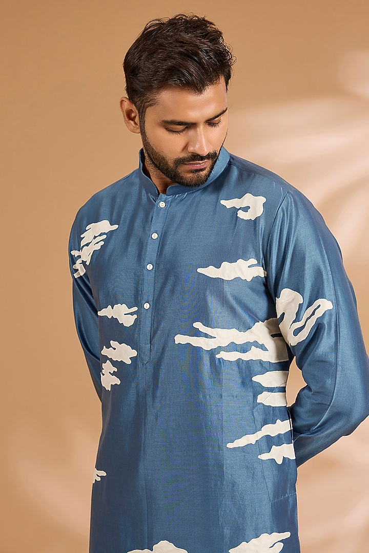Steel Blue Chanderi Kurta Set by Countrymade at Pernia's Pop Up Shop