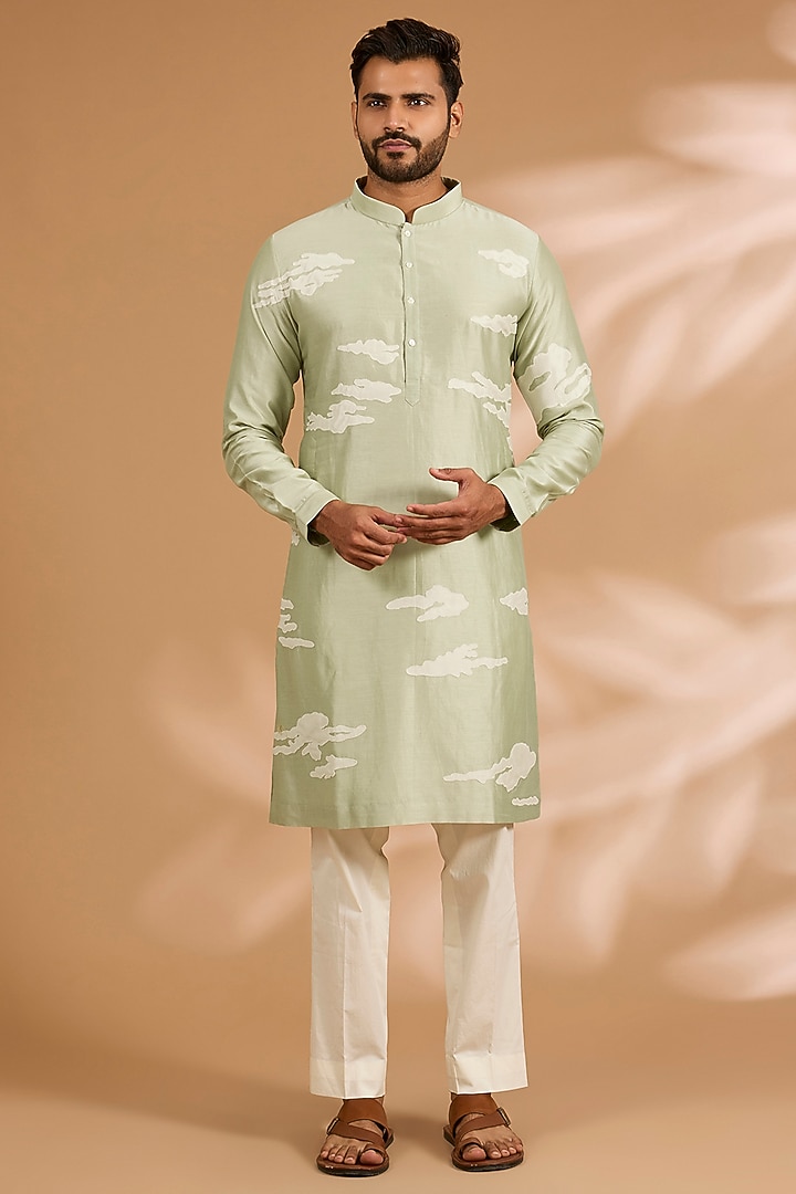 Pista Green Chanderi Kurta Set by Countrymade