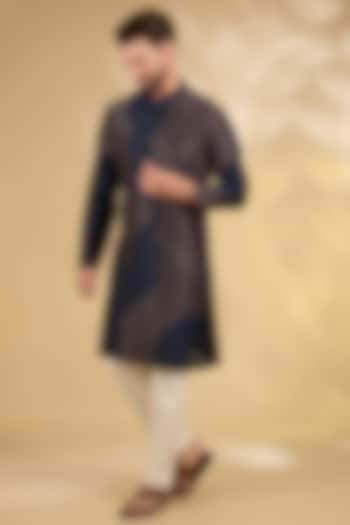 Navy & Grey Cotton Chanderi Kurta Set by Countrymade at Pernia's Pop Up Shop