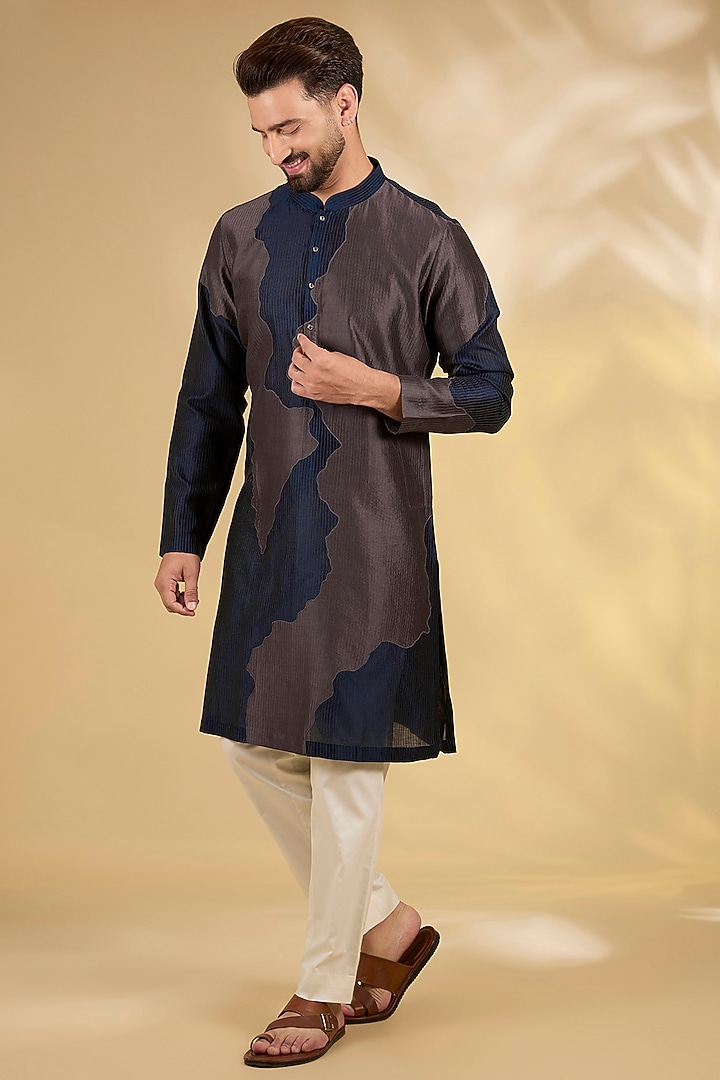 Navy & Grey Cotton Chanderi Kurta Set by Countrymade at Pernia's Pop Up Shop