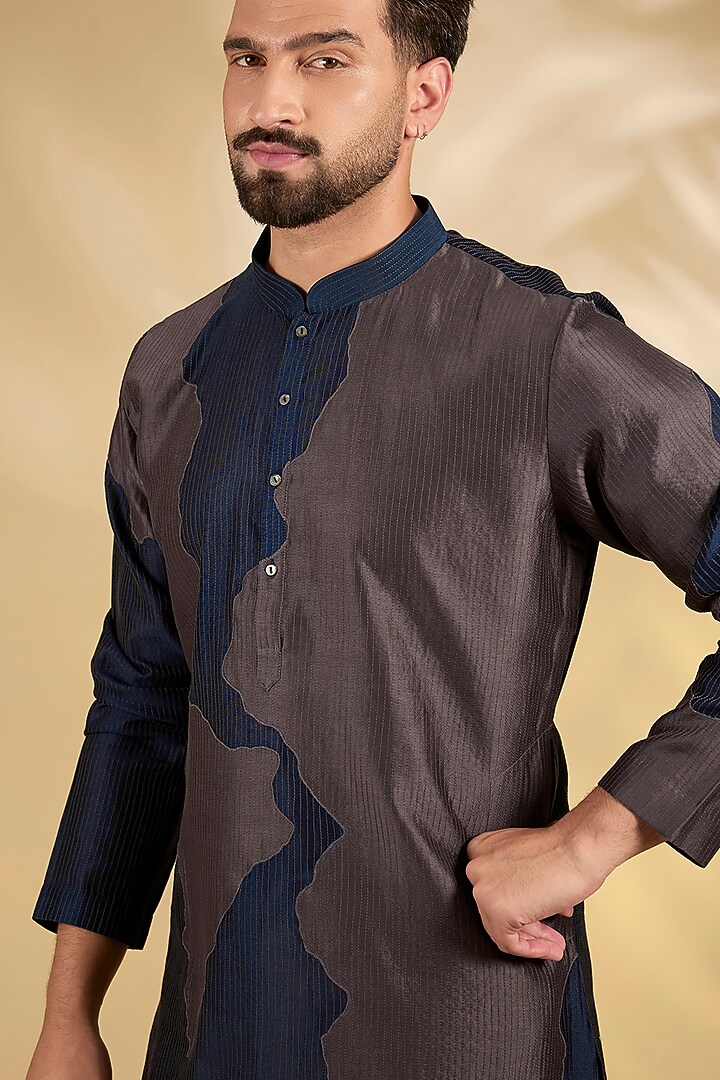 Navy & Grey Cotton Chanderi Kurta Set by Countrymade at Pernia's Pop Up Shop