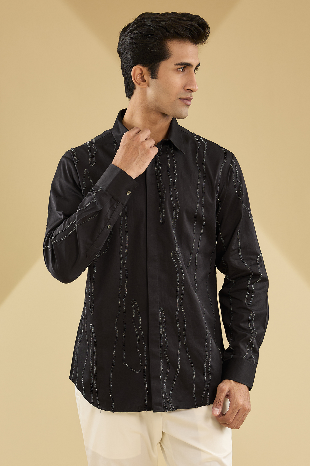 Black Cotton Satin Hand Embroidered Shirt by Countrymade