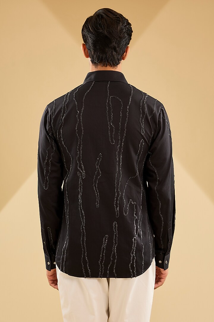 Black Cotton Satin Hand Embroidered Party Wear Shirt by Countrymade at Pernia's Pop Up Shop