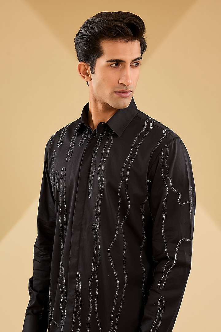 Black Cotton Satin Hand Embroidered Party Wear Shirt by Countrymade at Pernia's Pop Up Shop