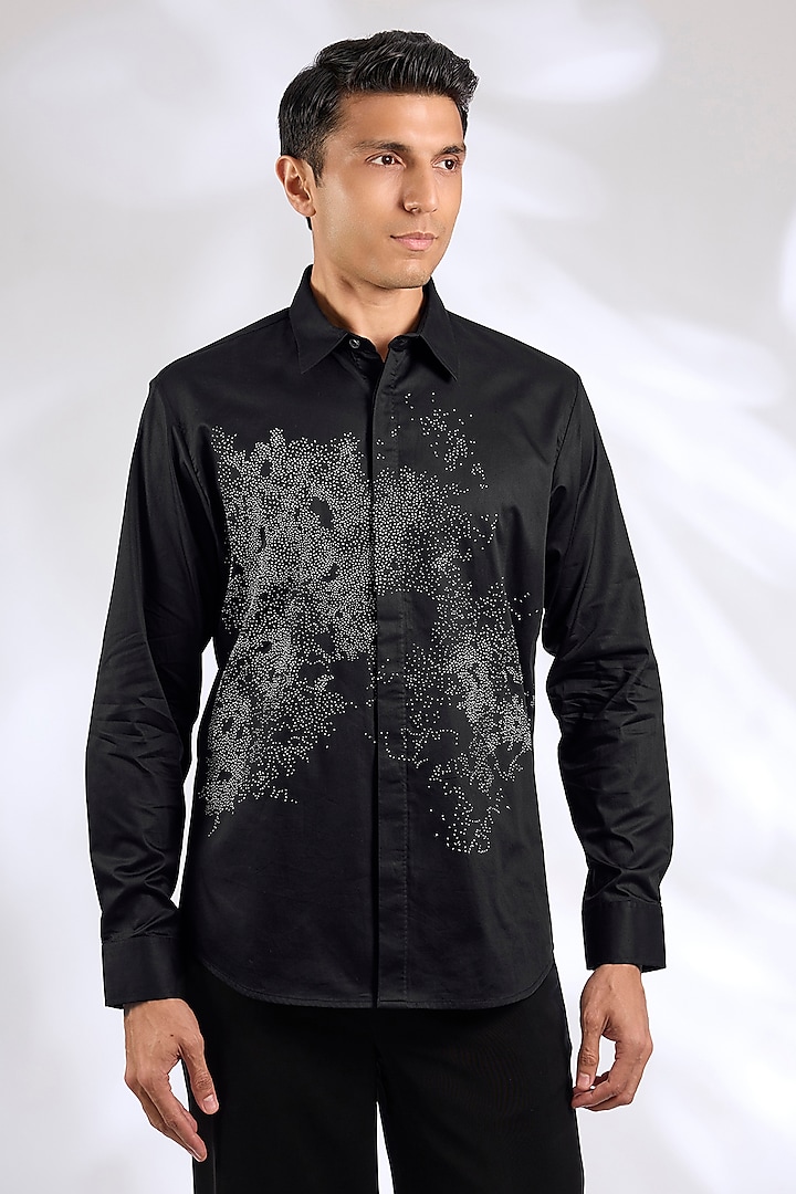 Black Cotton Satin Embroidered Shirt by Countrymade at Pernia's Pop Up Shop
