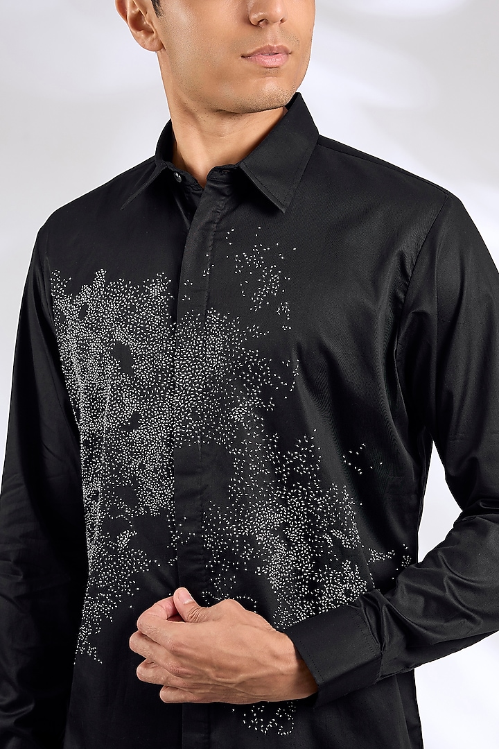 Black Cotton Satin Embroidered Shirt by Countrymade at Pernia's Pop Up Shop