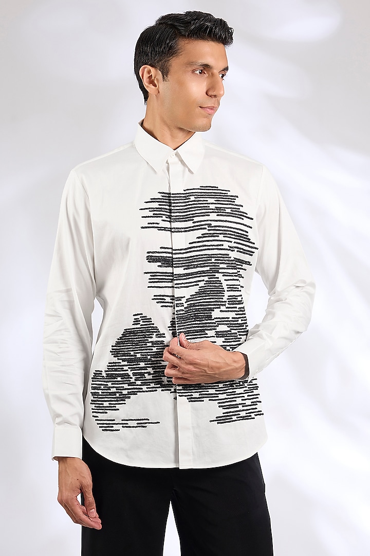 Ivory Cotton Satin Embroidered Wedding Shirt by Countrymade at Pernia's Pop Up Shop