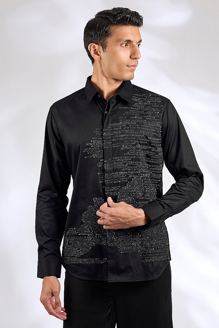 Black Cotton Satin Embroidered Shirt by Countrymade at Pernia's Pop Up Shop