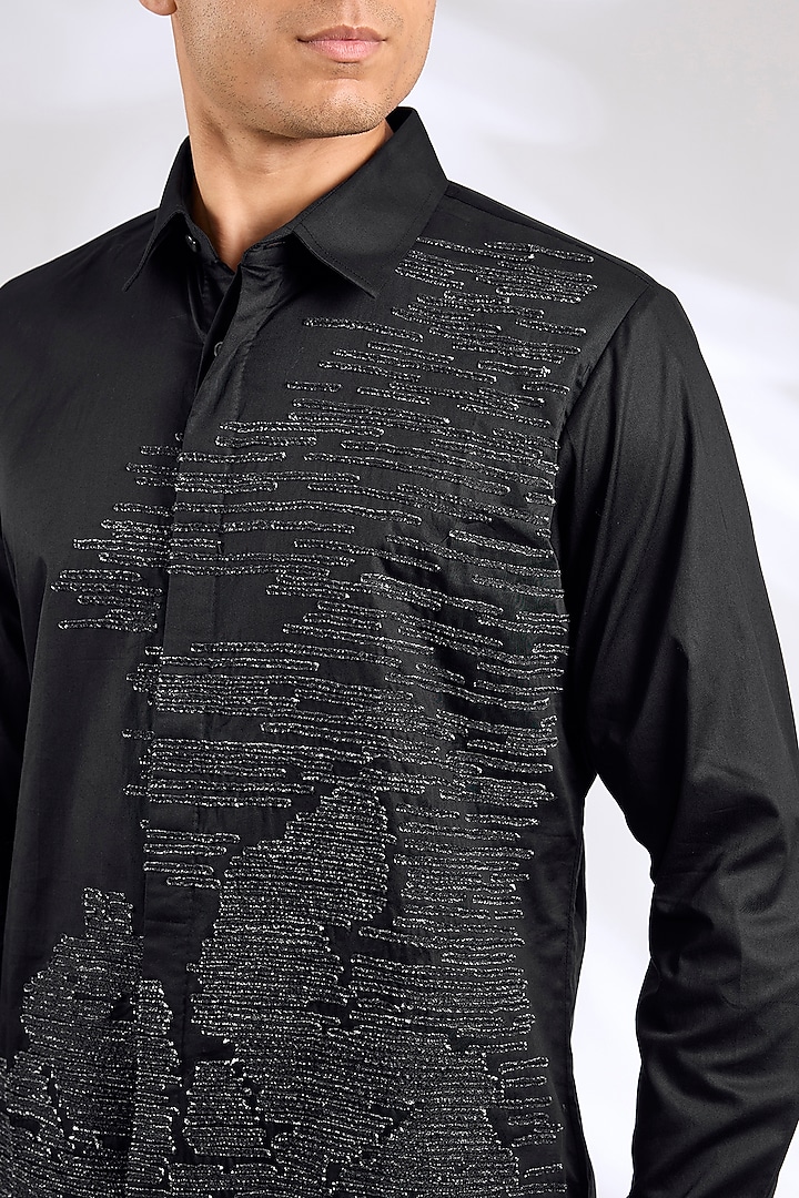 Black Cotton Satin Embroidered Shirt by Countrymade at Pernia's Pop Up Shop
