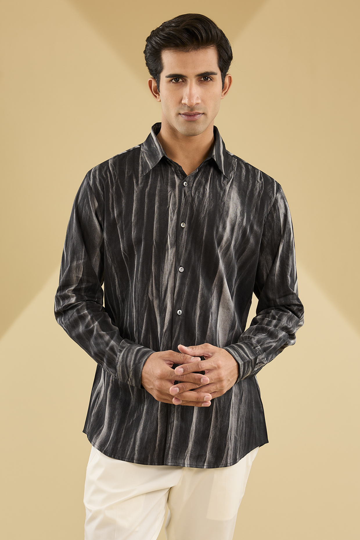 Black Cotton Satin Printed Shirt by Countrymade