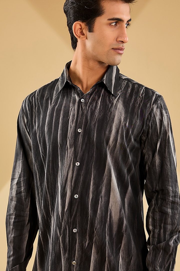 Black Cotton Satin Printed Wedding Shirt by Countrymade at Pernia's Pop Up Shop