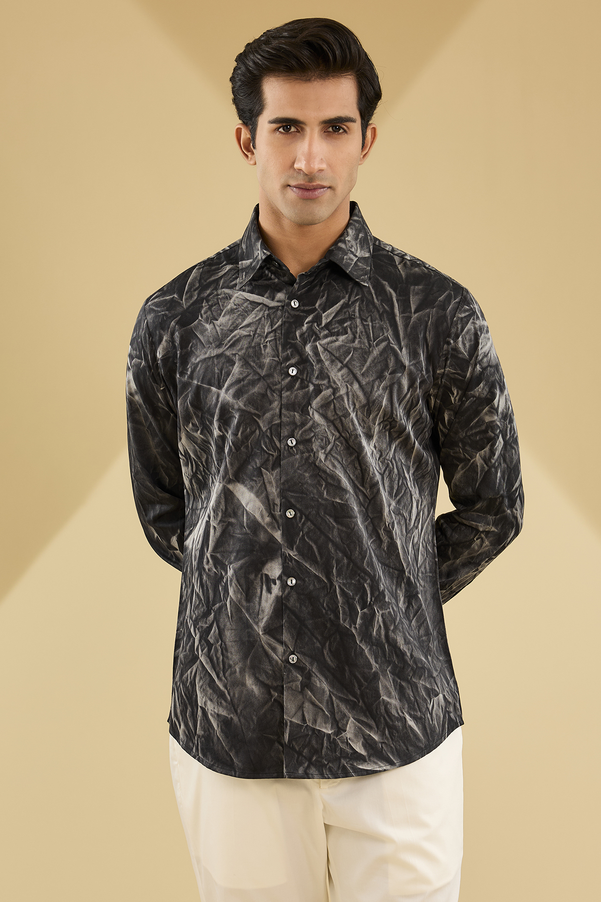 Black Cotton Satin Printed Shirt by Countrymade