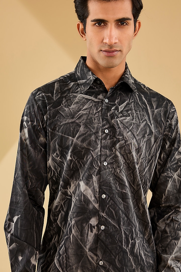 Black Cotton Satin Printed Wedding Shirt by Countrymade at Pernia's Pop Up Shop