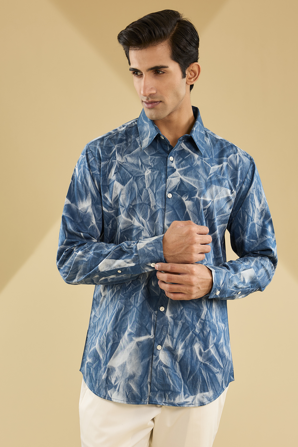 Navy Blue Cotton Satin Printed Shirt by Countrymade