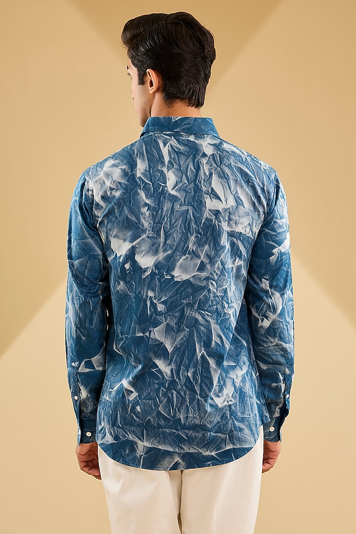 Navy Blue Cotton Satin Printed Wedding Shirt by Countrymade at Pernia's Pop Up Shop