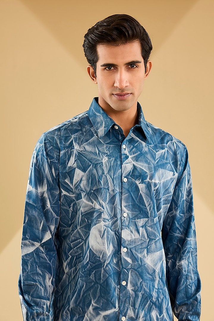 Navy Blue Cotton Satin Printed Wedding Shirt by Countrymade at Pernia's Pop Up Shop