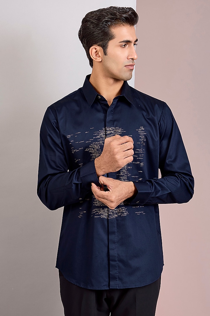 Navy Cotton Satin Party Wear Shirt by Countrymade at Pernia's Pop Up Shop