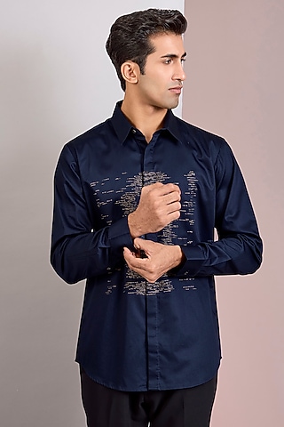Navy Cotton Satin Shirt by Countrymade