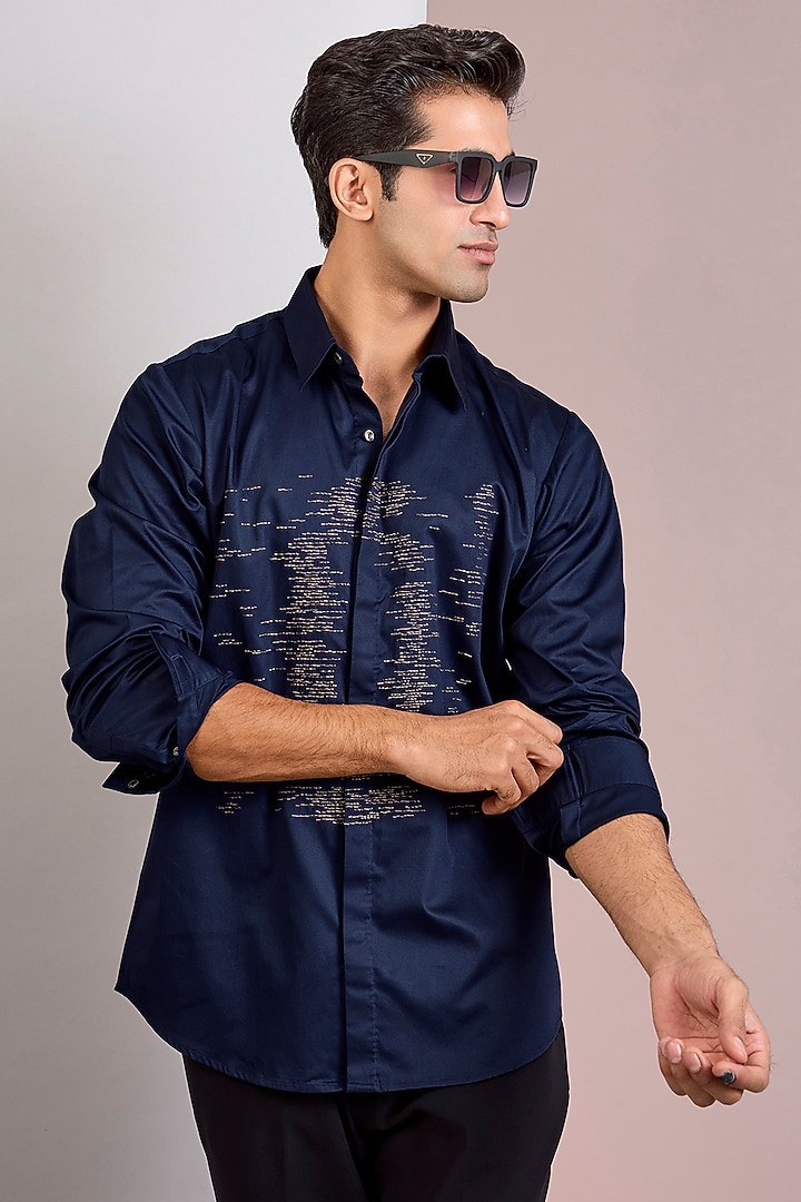 Navy Cotton Satin Party Wear Shirt by Countrymade at Pernia's Pop Up Shop