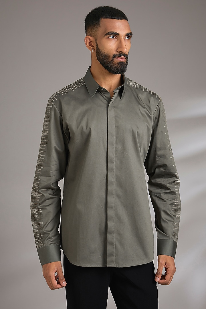 Olive Green Cotton Satin Embroidered Wedding Shirt by Countrymade at Pernia's Pop Up Shop