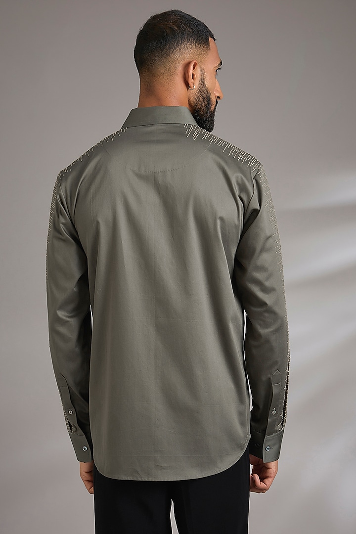 Olive Green Cotton Satin Embroidered Wedding Shirt by Countrymade at Pernia's Pop Up Shop
