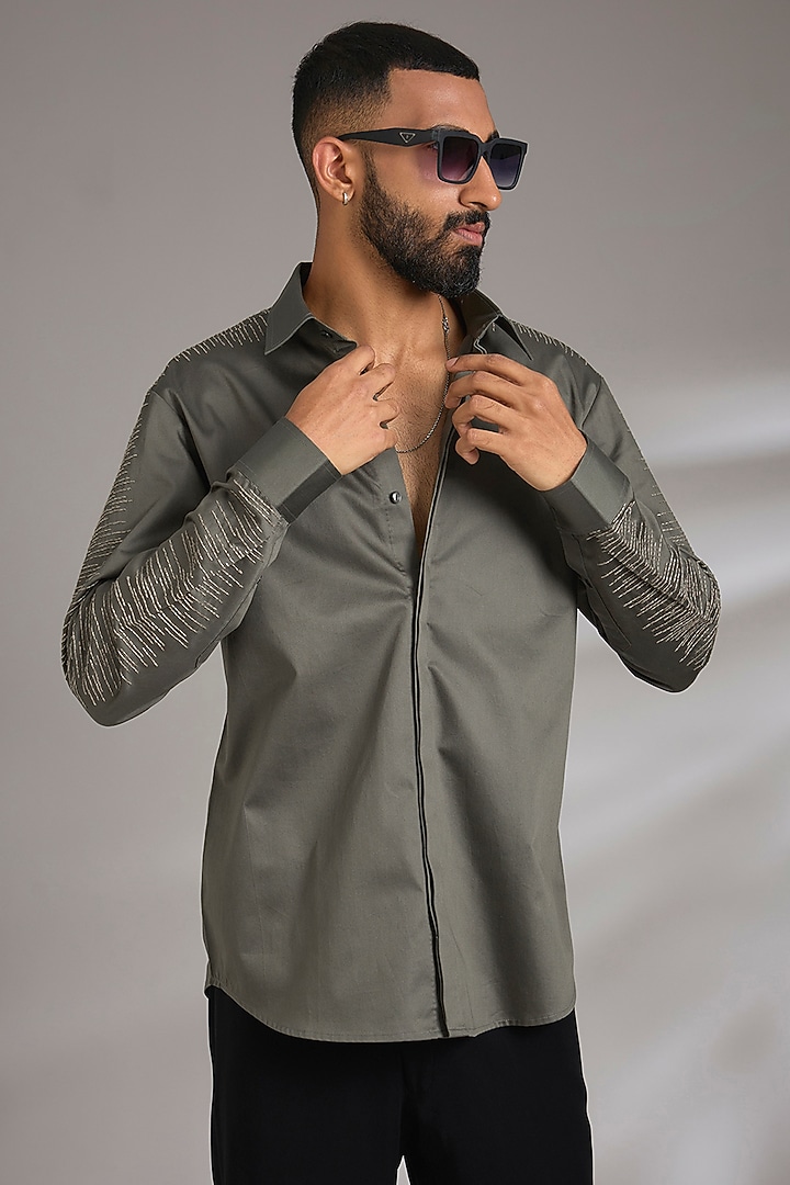 Olive Green Cotton Satin Embroidered Wedding Shirt by Countrymade at Pernia's Pop Up Shop