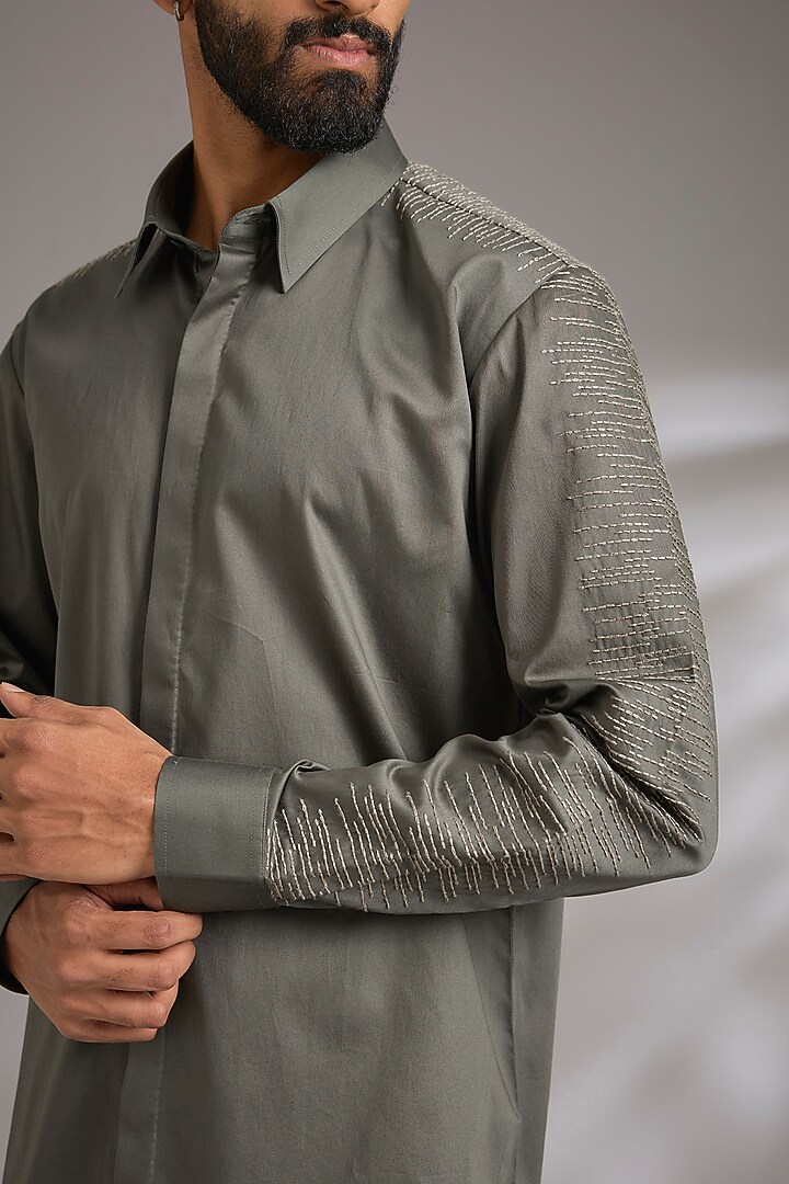 Olive Green Cotton Satin Embroidered Wedding Shirt by Countrymade at Pernia's Pop Up Shop