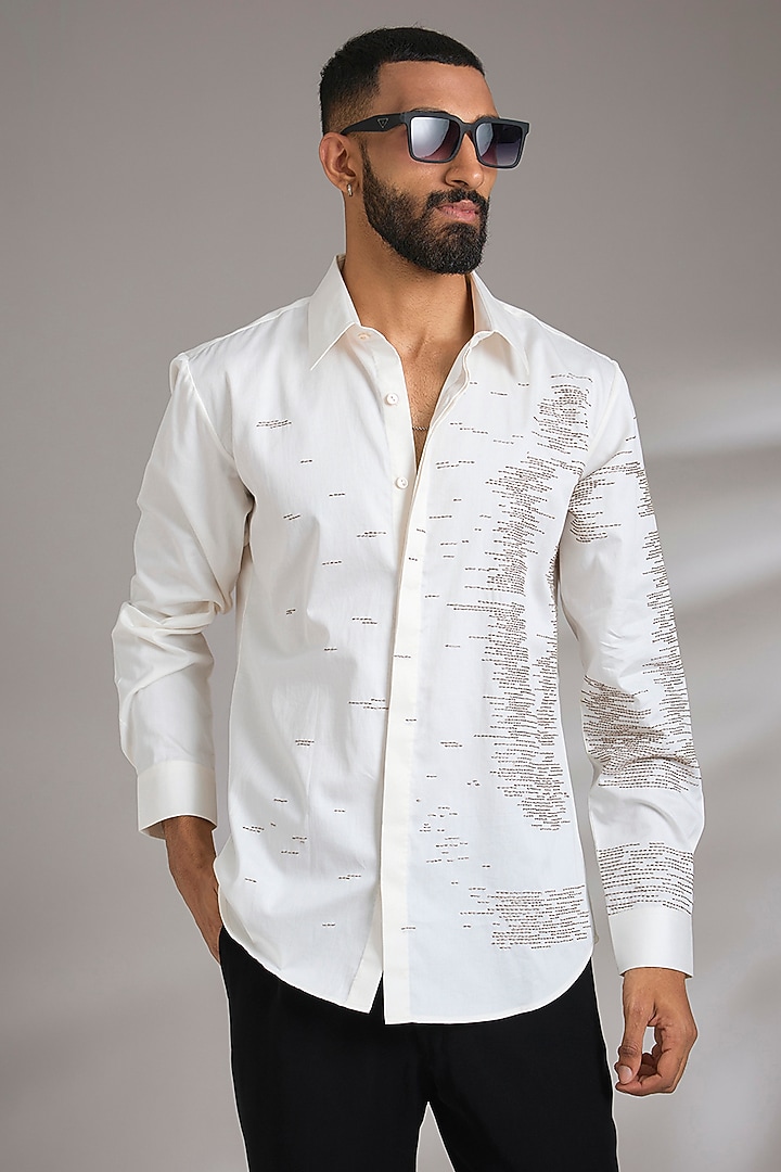 Ivory Cotton Satin Embroidered Wedding Shirt by Countrymade at Pernia's Pop Up Shop