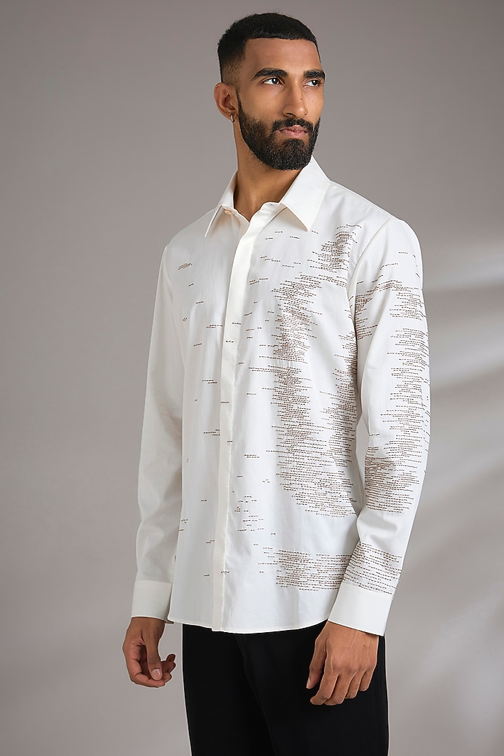 Ivory Cotton Satin Embroidered Wedding Shirt by Countrymade at Pernia's Pop Up Shop