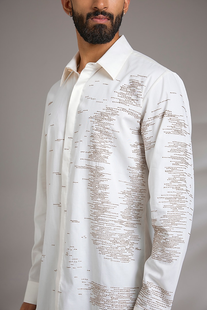 Ivory Cotton Satin Embroidered Wedding Shirt by Countrymade at Pernia's Pop Up Shop