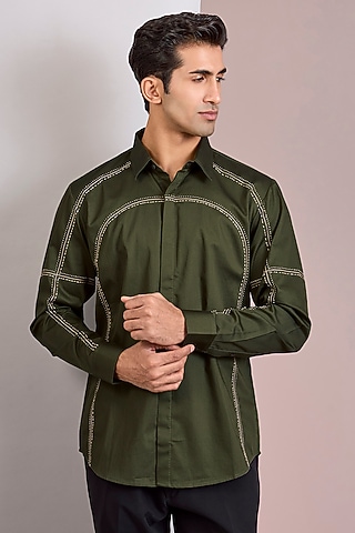 Dark Olive Cotton Satin Shirt by Countrymade