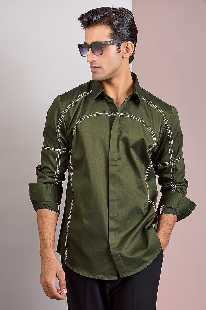 Dark Olive Cotton Satin Party Wear Shirt by Countrymade at Pernia's Pop Up Shop
