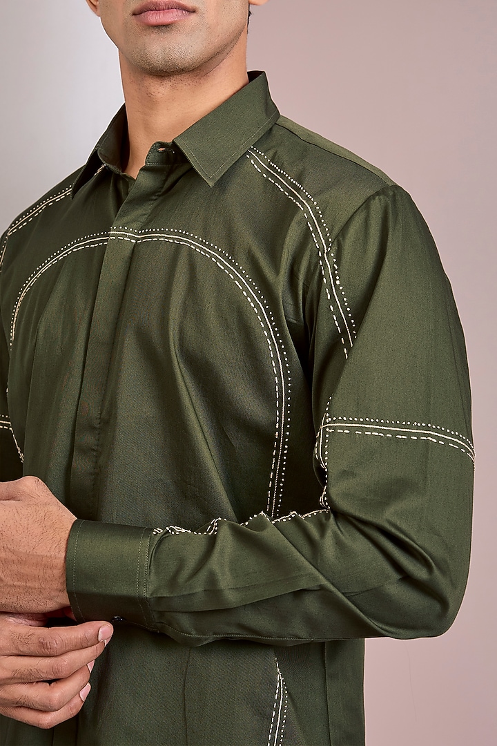 Dark Olive Cotton Satin Party Wear Shirt by Countrymade at Pernia's Pop Up Shop