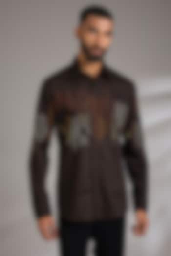 Dark Brown Cotton Satin Embroidered Wedding Shirt by Countrymade at Pernia's Pop Up Shop