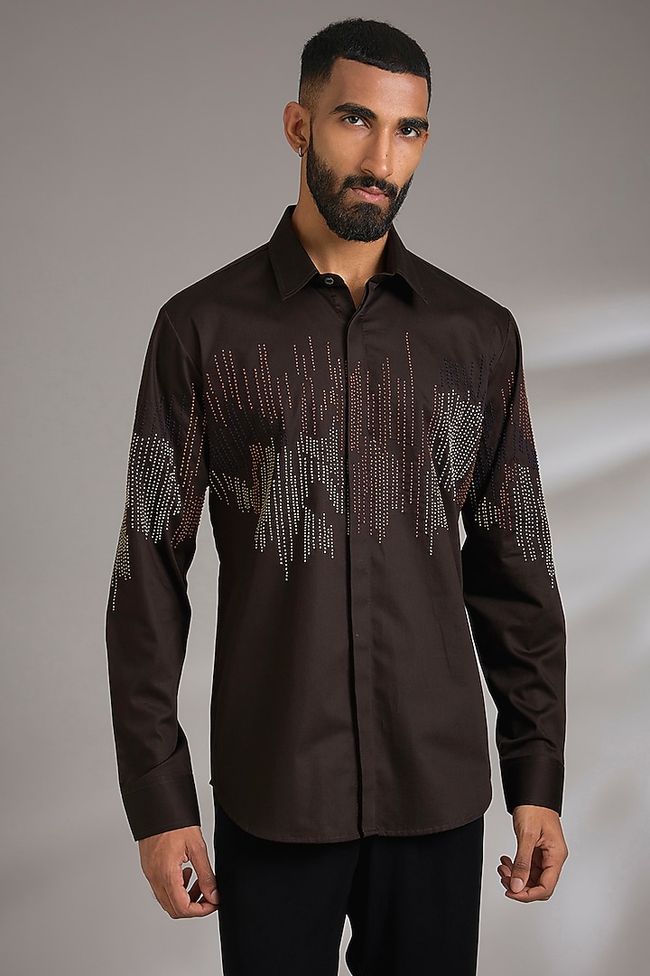 Dark Brown Cotton Satin Embroidered Wedding Shirt by Countrymade at Pernia's Pop Up Shop