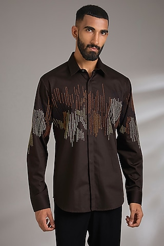 Dark Brown Cotton Satin Embroidered Shirt by Countrymade